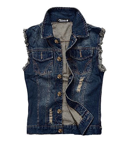 Zicac Men's Top Design Denim Vest Waistcoat with Broken Holes