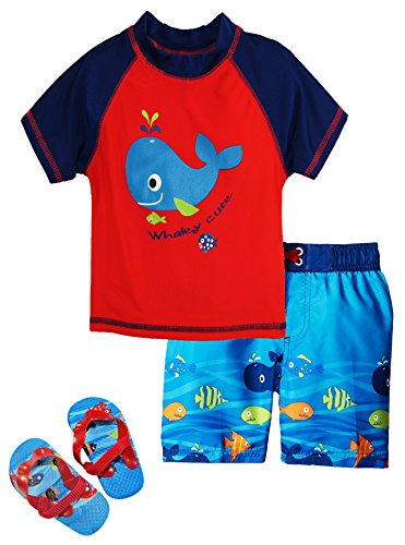 Wippette Baby Boys Cute Whale Squirt Rashguard Swim Short Set Beach Flip Flops