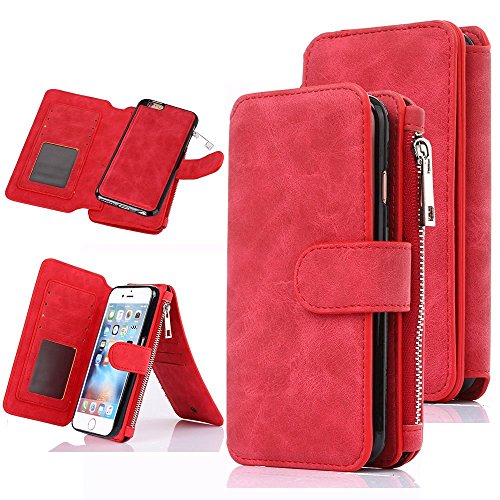 iPhone 6S Plus Case, CaseUp 12 Card Slot Series - [Zipper Cash Storage] Premium Flip PU Leather Wallet Case Cover With Detachable Magnetic Hard Case For iPhone 6S Plus/ 6 Plus (5.5 Inch), Red