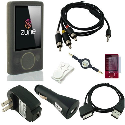 

Microsoft Zune 80GB / 120GB Silicone Skin (SMOKE) w/ AV Audio Visual / Video Cable, USB 2in1 Sync and Charging Cable along with universal USB Car and Wall / Travel Chargers, Screen Guard / Protector and a Auxiliary 3.5mm to 3.5mm MP3 Jack Cable