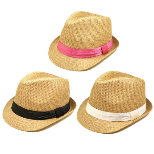 Classic Tan Fedora Straw Hat - Different Color Band Available