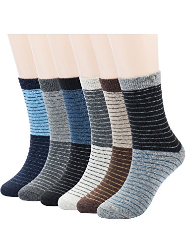Men's Merino Wool Socks-6 Pack Thermal Outdoor Hiking Stripe Crew Socks