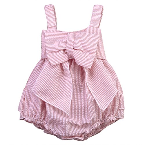 Baby Girls Striped Seersucker Bubble Straps Ruffle Layers Bowknot Romper