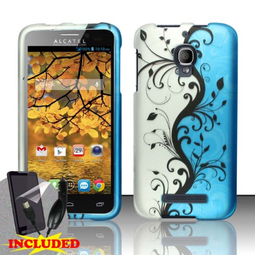 Alcatel One Touch Fierce (T-Mobile) 2 Piece Snap On Rubberized Image Case Cover, Black Leaf Vines Blue/Silver Cover + SCREEN PROTECTOR & CAR CHARGER