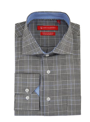 Gino Valentino Mens Check Dress Shirt Cotton Barrel Cuff Black White