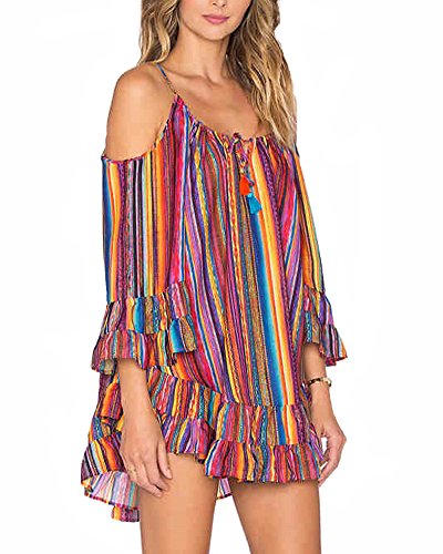 Oyanus Womens Rainbow Stripe Open Shoulder Bell Sleeve Spaghetti Ruffle Beach Dress