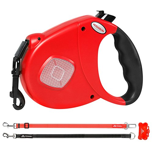 HODGSON Retractable Dog Leash with Two Alternative Bite-proof Front Part Leashes, Heavy-Duty and Fluorescence Design for One or TWO Dogs-L/Red