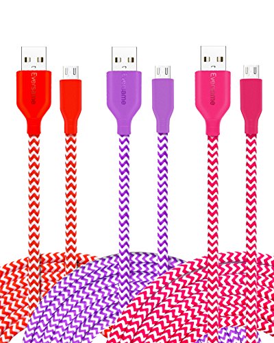 Eversame [3-Pack] 6Ft 1.8M Premium Nylon Braided High Speed USB2.0 A Male to Micro B Charger Cable For Samsung Galaxy S7/S6 Edge Plus/tab A, HTC One M9 (Red Purple Hot Pink)