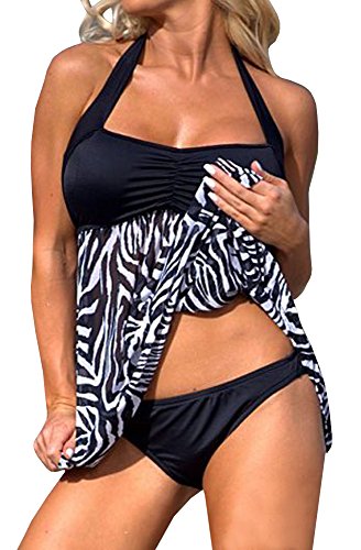 FISACE Women's Zebra Patchwork Halter Neck Swimdress Bathing Suit with Panty