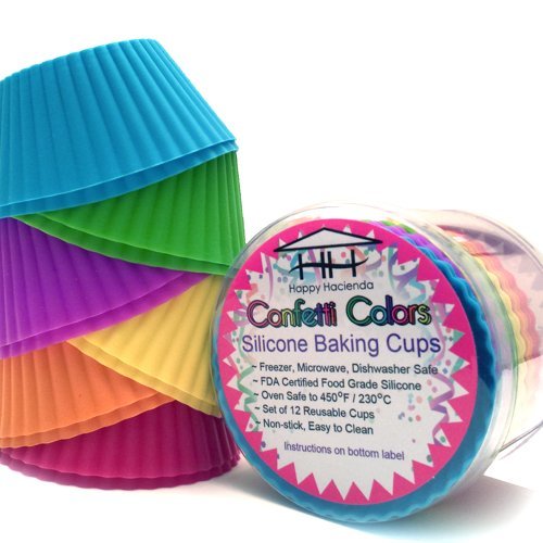Happy Hacienda Silicone Baking Cups - Set of 12 Reusable Muffin/Cupcake Liners in Confetti Colors