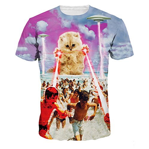 （ワイボーイジャパン）Wiboyjp　ネコ　3d　ヒップホップ　メンズtシャツ　猫　エイリアン　猫柄　スタイリッシュ　ストレッチ　スウェット　tshirt 3dtシャツ　半袖tシャツ　スリム ユニセックス　L