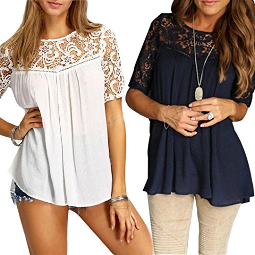 Sunward(TM) Sexy Women Summer Lace Hollow Solid Short Sleeve Blouse