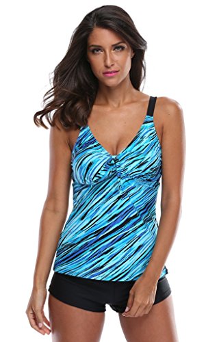 Attraco Women's Oceanic Stripes Two Piece Swimsuit Tankini for Women Blue 12