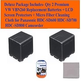 Deluxe Package Includes- Qty 2 Vw Vbn260 Replacement Batteries + LCD Screen Protectors + Micro Fiber Cleaning Cloth for Panasonic Hdc-sd600 Hdc-sd700 Hdc-sd800 Camcorder