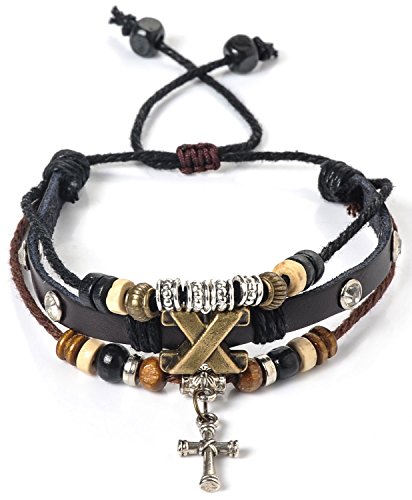 Areke Alloy Genuine Leather Bracelet Mens Unisex Bangle Rope Cross Surfer Wrap Adjustable Bracelets