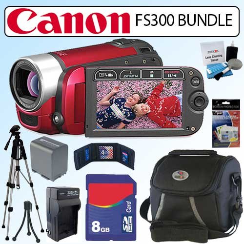 Canon FS300 41x Flash Memory Camcorder in Red with 8GB Deluxe Accessory