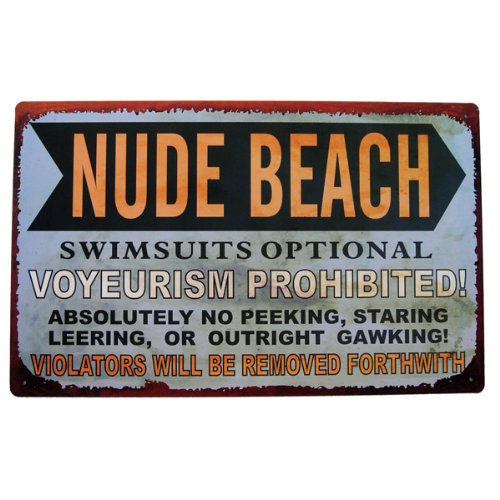 Nude Beach sign - swimsuits optional, voyeruism prohibited