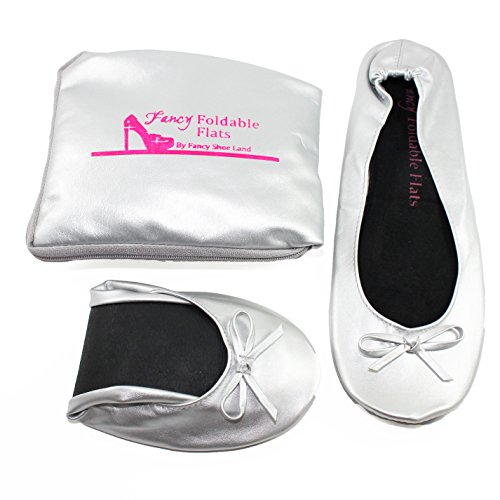 Women's Ballet Flats Foldable Flats WITH EXPANDABLE TOTE BAG for Carrying High Heels Fold up ballet shoes great for Weddings Bridal Parties Folding Flat Silver PORTABLE Travel SHOES Comfort Guaranteed