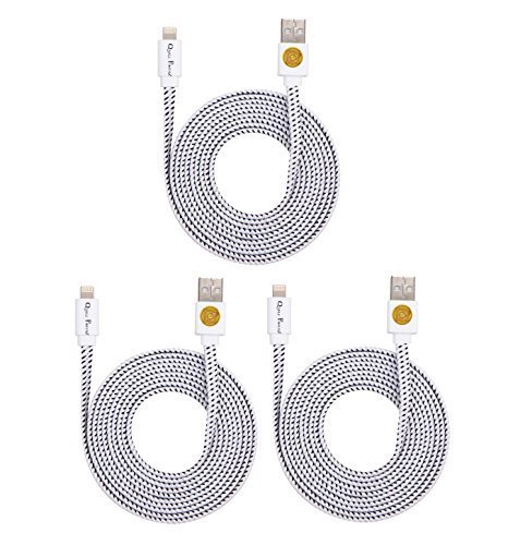 Qable Powerz 6ft Durable Hi-Speed Braided Flat Noodle Lightning USB Sync Cable(3-Pack)White