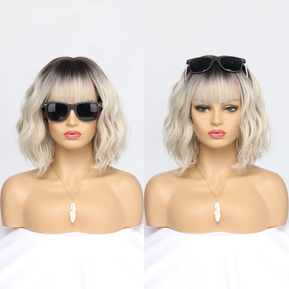 Kurze blonde Perücke für Frauen, natürliches Kunsthaar, Ombre-Bob-Perücke mit ordentlichem Pony, dunklem Ansatz für Alltag/Party/Cosplay (10 Zoll, Blond)._voghion.com