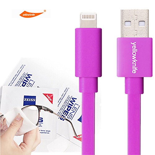 YellowKnife MFi Certified-IOS 7 Noodle Flat 8pin Lightning (3.2ft) Colorful USB Cable Supports Charging And Syncing for iPhone 5 5S 5C,iPad (Air/4th generation),iPad mini,iPod (7th generation),iPod touch (5th generation)&iPod nano(7th generation) With ZEISS Zeiss Pre-Moistened Lens Cloths (Purple)