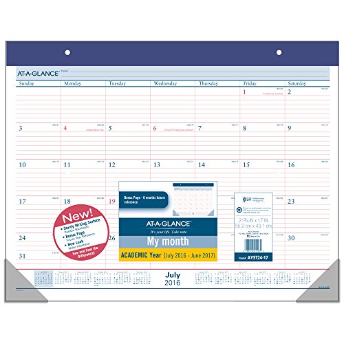 AT-A-GLANCE Academic Year Monthly Desk Pad Calendar, July 2016 - June 2017, 21-3/4