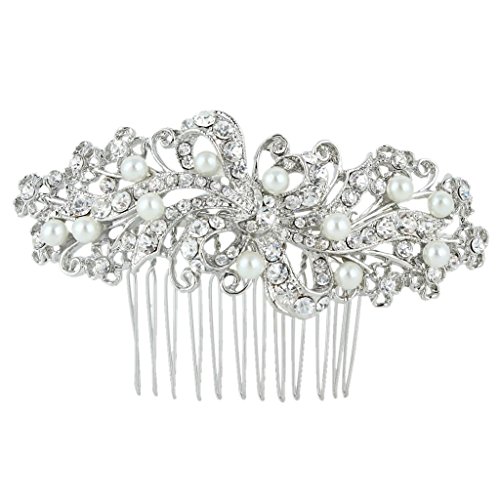 EVER FAITH® Bridal Flower Cream Simulated Pearl Clear Austrian Crystal Hair Comb