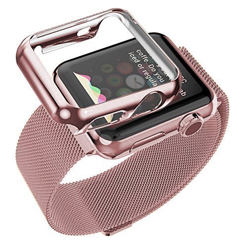 Apple Watch Band, Tomplus Steel Milanese Loop Replacement Wrist Band with Plated Case and Tempered glass for Apple Watch (Rose Gold 42mm)
