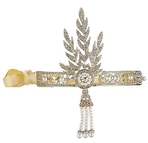 Babeyond® Bling Golden-Tone The Great Gatsby Inspired Leaf Simulated Pearl Headband Hair Tiara