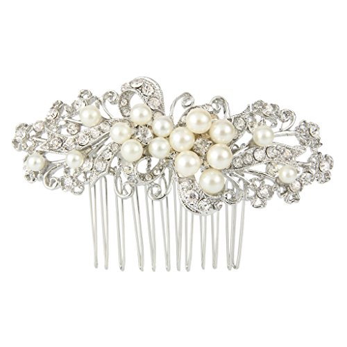 EVER FAITH® Wedding Leaf Decorative Ivory Color Simulated Pearl Hair Comb Clear Austrian Crystal