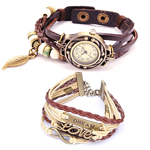 Belle (TM) Strap Weaved Beads Leather Bracelet Wrist Watch Dark Brown + Girls Charms Leather Weave + Bag