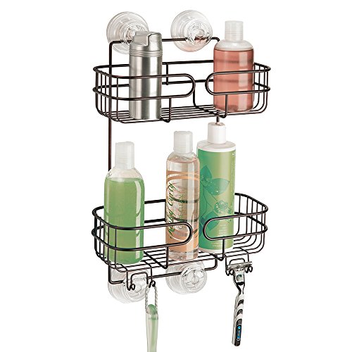 mDesign Power Lock Ultra Suction Bathroom Shower Caddy for Shampoo, Conditioner, Soap, Razors - 2 Tiers, Bronze