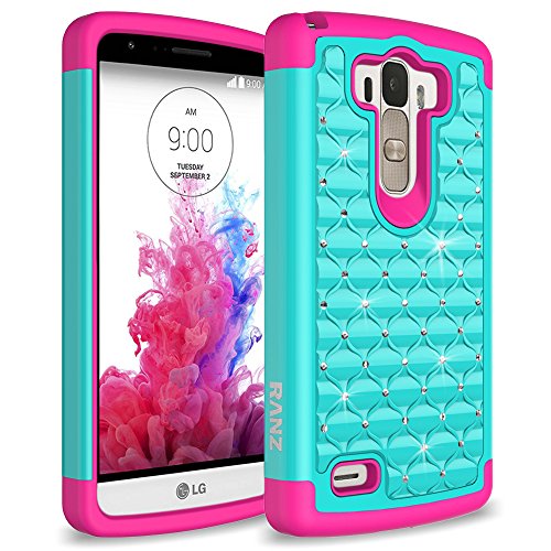 LG G Stylo Case, RANZ® Hot Pink/Teal Spot Diamond Studded Bling Crystal Rhinestone Dual Layer Hybrid Cover Silicone Rubber Skin Hard Case For LG G Stylo (LS770)