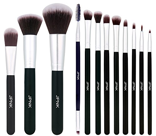 JPNK Synthetic Makeup Brush Set Cosmetics Foundation Blending Blush Eyeliner Face Powder Brush Makeup Brush Kit (12pcs, Silver Black)