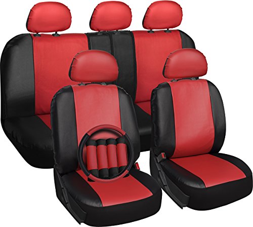 Oxgord 17pc Set Faux Leather / Red & Black Auto Seat Covers Set - Airbag Compatible - 50/50 or 60/40 Rear Split Bench - 5 Head Rests - Universal Fit for Car, Truck, or SUV - FREE Steering Wheel Cover