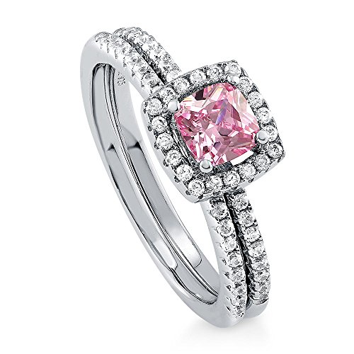 BERRICLE Sterling Silver 0.75 ct.tw Cushion Pink Cubic Zirconia CZ Halo Engagement Wedding Ring Set