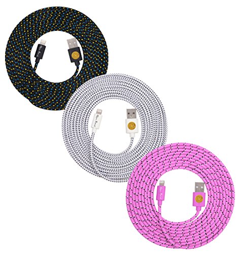 3PK (3M/10FT) High Quality Nylon Braided Lightning 8 Pin Cable Charger Plug, Sync & Charge, for iPhone 6S, 6S Plus, iPhone SE (BlkPnkWte)