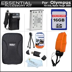16GB Accessories Kit For Olympus Tough TG-320, TG-310, Stylus 3000 Digital Camera Includes 16GB High Speed SD Memory Card + Extended (1000Mah) Replacement LI-42B Battery + AC/DC Charger + Hard Case + Strap Float + USB SD Reader + Screen Protectors + MORE