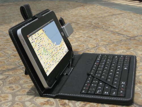 7 Tablet Stand with USB Keyboard - Black Faux Leather Carrying Case