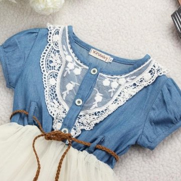 

Bheema Girls Baby Kids Princess Lace Belt Denim Tulle Full Dress