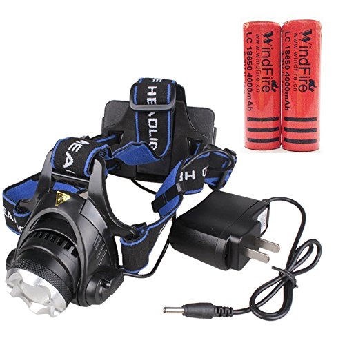 WindFire 1800 Lumens CREE XM-L T6 U2 LED Waterproof 3 Modes Design Headlamp CREE LED Headlight 18650 Rechargeable Battery Head LED Torch Flashlight with Charger Portable LED Headlamp for For Outdoor Hiking, Riding, Camping and Other Activites( with batteries)