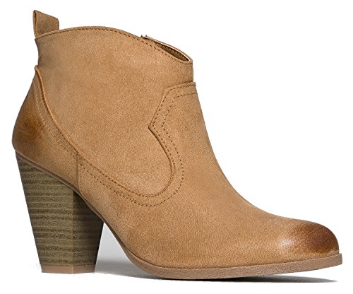 Western Slip On Stacked Heel Bootie - Distressed Ankle Pull Cowboy Women's Boot