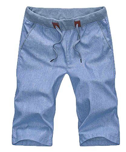 Plaid&Plain Men's Slim Fit Elastic Waist Drawstring Linen Shorts