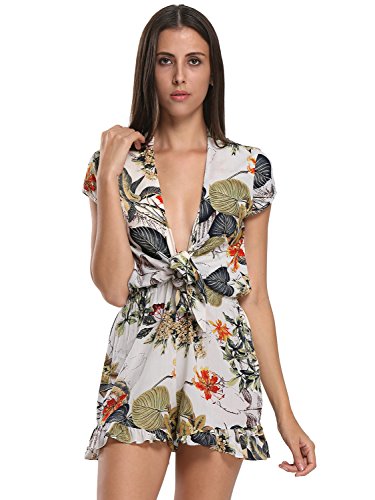 Choies Women's Multicolor Sexy Summer V Front Leaf Print Cap Sleeve Romper Playsuit