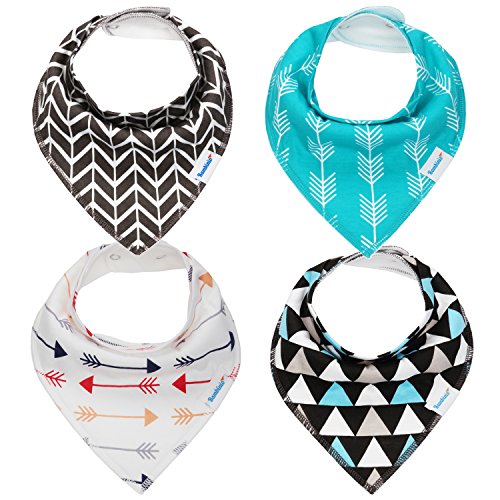 Bandana Baby Bib Set by Bambinio - 4 Unisex Design Drool Bibs for Boys and Girls - Best Newborn and Baby Shower Gift - Soft, Comfortable and Adjustable