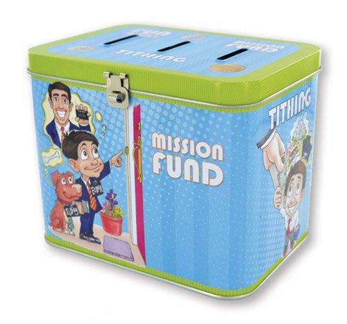 LDS Boys Tin Tithing / Mission Bank - 3 Slots: Fun Money, Tithing & Mission Fund - Baptism Gift - 5.5