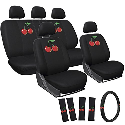 Oxgord 17pc Set Universal Car/Van/Truck/SUV Seat Covers, Black w/ Embroidered Logo (Cherry)