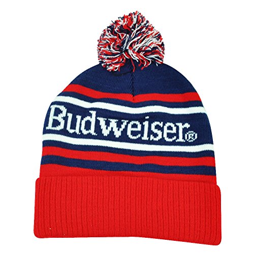 Budweiser Bud Adult Blue with Stripes Adult Pom Cuffed Beanie Winter Knit Hat