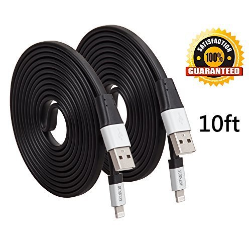 Sunnest(TM) 2Pack 10Ft 8 Pin Lightning to USB Extra Long Flat Sync and Charging Cable Core for iPhone 6s plus/6s/6plus/6/5s/5c/5, iPad Air, iPad Mini, iPod Touch&iPod Nano, One Year Guarantee(Black)