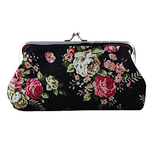 Purse,Mikey Store Women Lady Retro Vintage Flower Small Wallet Hasp Clutch Bag (Black)